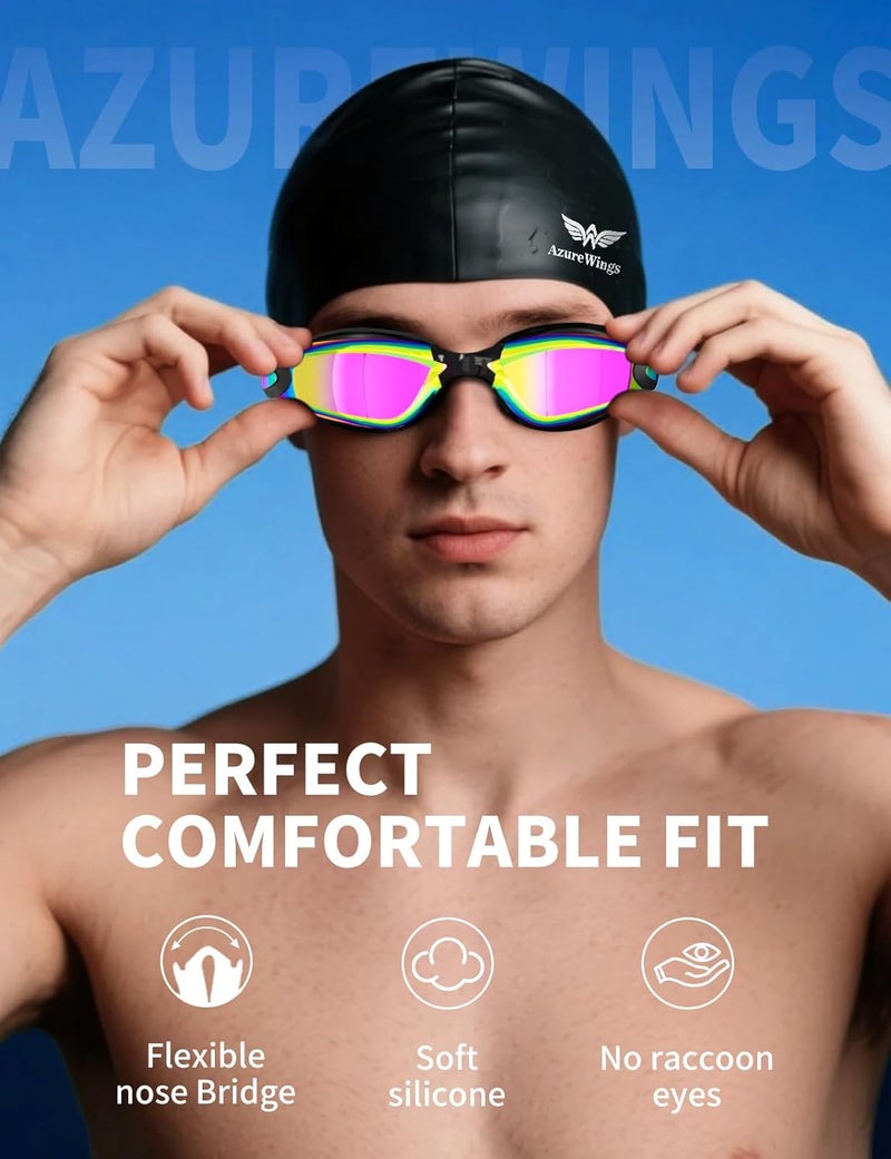 AzureWings 7 in 1 Swim Goggles + Swim Cap for Men Women,No Leak Anti-Fog & UV, Wide Visio HD Mirror PC Lens - Image 2